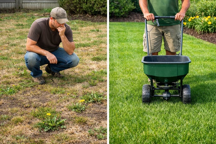 Split image of unhealthy patchy lawn with weeds beside a lush green well-maintained lawn, illustrating common spring lawn care mistakes to avoid | TLC