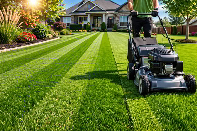 Freshly mowed lawn with crisp stripes and vibrant green grass as a homeowner trims the yard in Spring | TLC