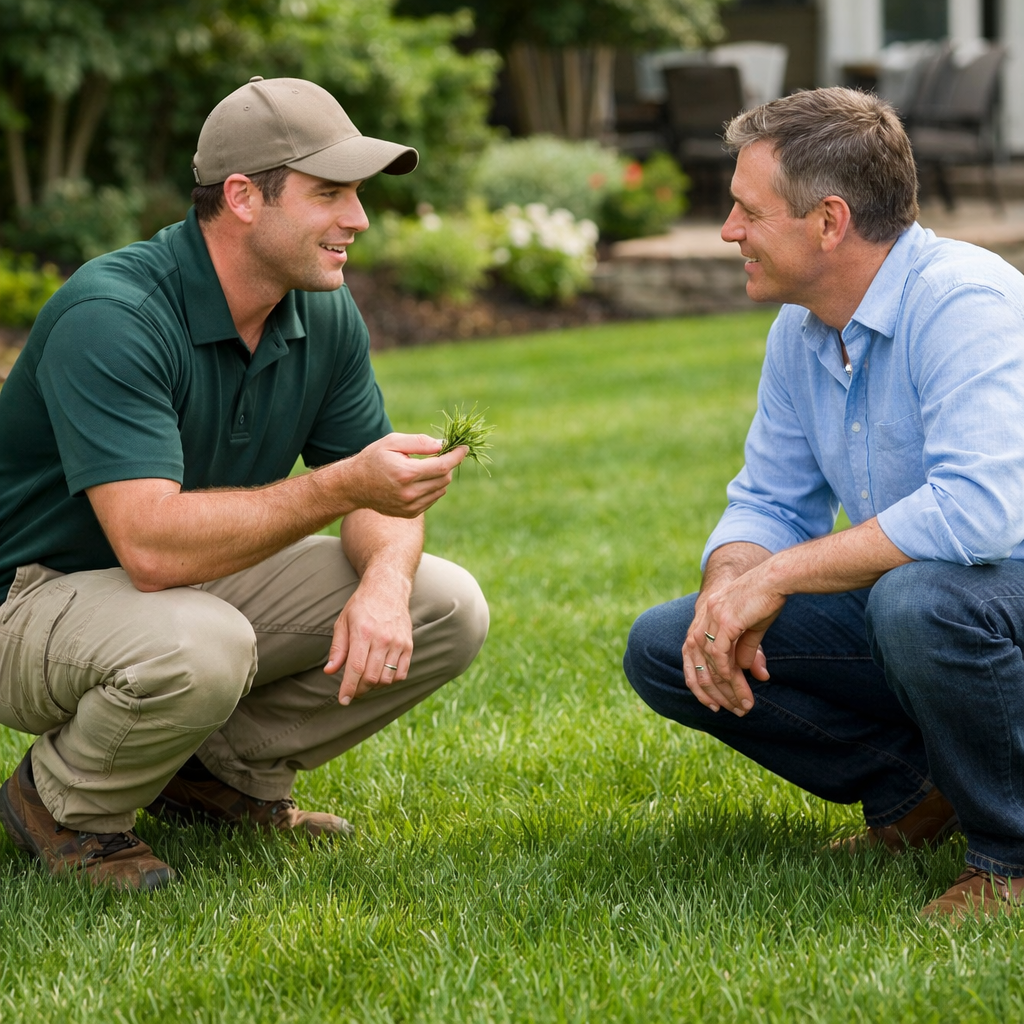 Lawn care technician inspecting a healthy green lawn and discussing fertilization timing with a homeowner in early spring | TLC