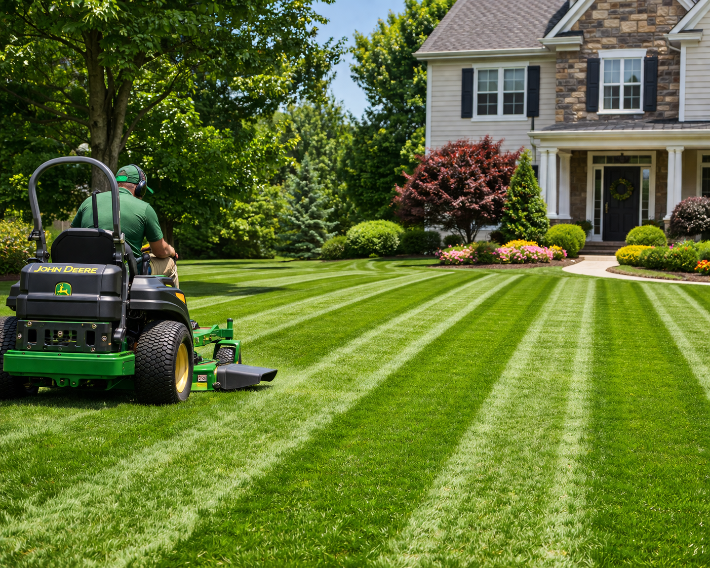 Professional lawn mowing with clean lines and healthy green grass | TLC