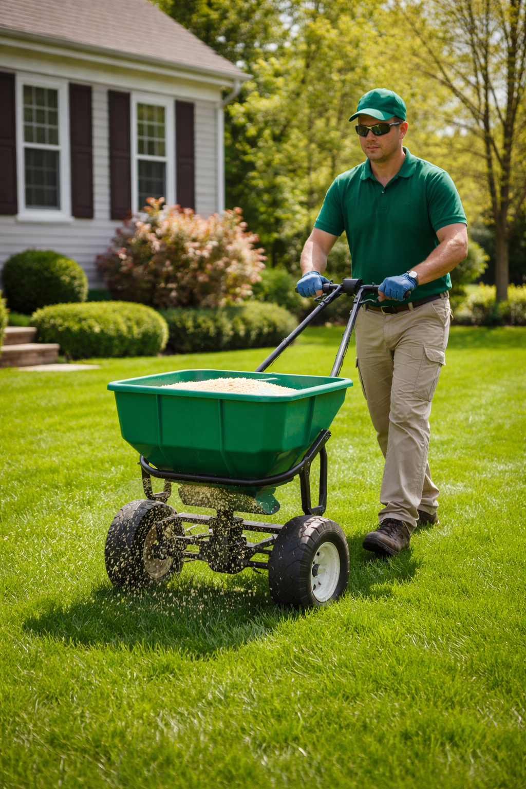 First spring lawn care visit with a professional applying fertilizer to improve lawn health and growth | TLC