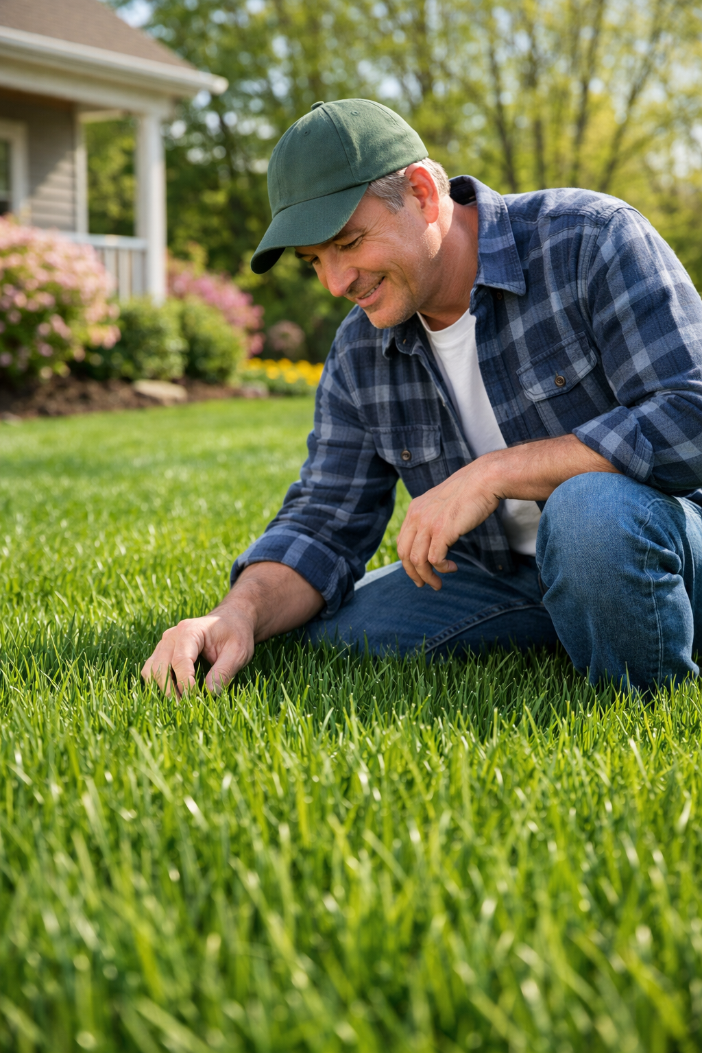 Homeowner performing spring lawn care on a healthy green lawn | TLC